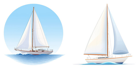 Fototapeta premium Two elegant sailboats with white sails, one positioned within a circular frame and the other standing alone, both suggesting a serene nautical theme.