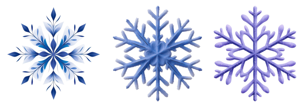 Three unique snowflake designs showcasing intricate patterns and varying shades of blue.