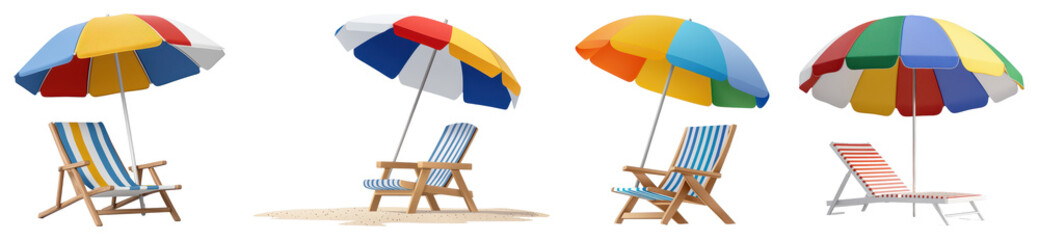 Obraz premium A colorful collection of beach chairs and umbrellas designed for outdoor relaxation.