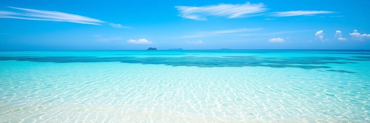 Obraz premium Pristine white sands and crystal clear turquoise waters under a clear blue sky on a secluded tropical beach, relaxation, getaway