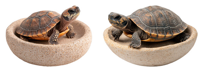 Two turtles resting in textured bowls showcasing their detailed shells and natural colors.