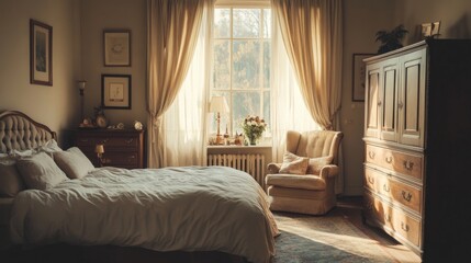 18.Tranquil bedroom interior with a large bed, a classic chest of drawers, and a comfy armchair beside a curtained window, sunlight softly illuminating the calm, neutral tones and polished decor.