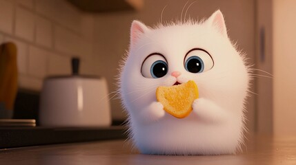 Fototapeta premium Adorable fluffy white kitten eating a heart-shaped treat in kitchen.