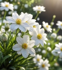 Fototapeta premium Fresh white flowers with dewdrops in morning light, dewy blossoms, dew-covered petals