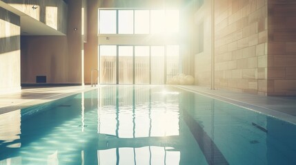 Chic indoor swimming pool with a modern, minimalist design and sunlight streaming in through tall glass doors