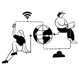 Woman using wi-fi and man using the Cloud