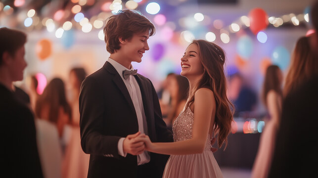 Prom Queen and King Dancing Together at a Glamorous High School Event, Surrounded by Elegant Lights and Festive Decorations &ndash; Image Made Using Generative AI