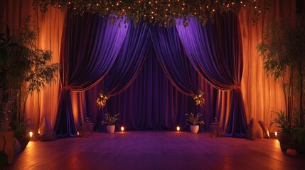 46.Enchanting circus stage setup with plush purple curtains, soft orange lights bathing the stage, creating a whimsical and inviting setting that brings a sense of excitement and anticipation.
