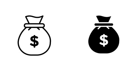 Money bag outlined and solid icon vector collection.