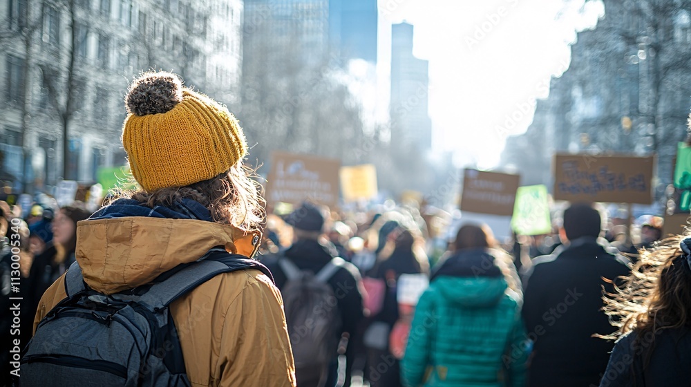 Poster a climate action rally organized by volunteers with signs promoting sustainable practices stock phot