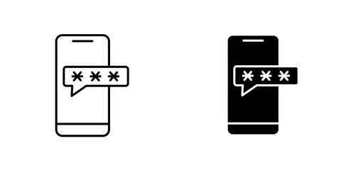 Otp sms password outlined and solid icon vector collection.