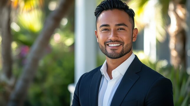 Smiling Hispanic businessman in suit outdoors. Ideal for corporate, finance, or real estate.