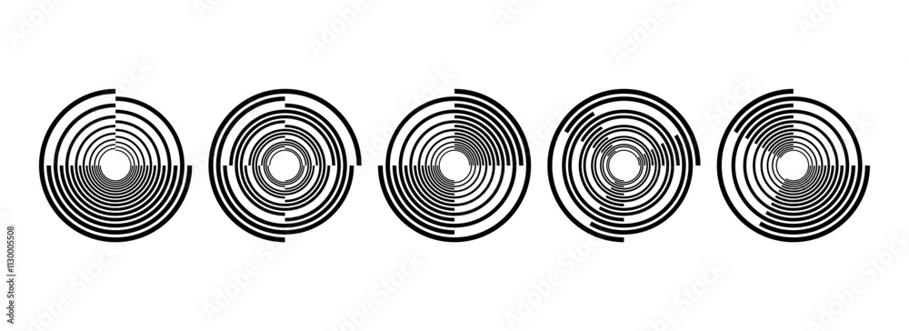 Aufkleber black radial spiral pattern set. circular rotating speed line form collection. spinning circle sound