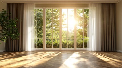10.Minimalist empty room showcasing a large window dressed in brown blackout and white sheer curtains, sun rays filtering through, highlighting the laminated parquet flooring and framing an outdoor