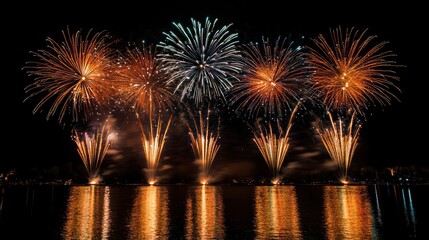 Colorful Fireworks Over a Calm Lake at Night