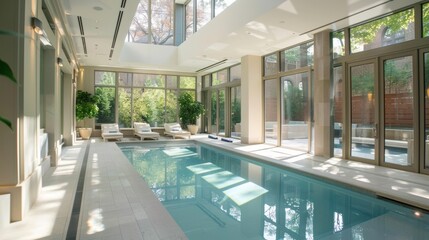 Chic indoor swimming pool with a sleek, modern aesthetic and natural light from floor-to-ceiling glass panels