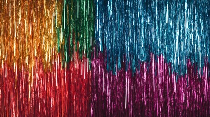 107.Glittering foil fringe curtain in bold colors, arranged in a layered 3D effect, each fringe strand catching light and casting playful reflections, ideal for high-energy product backgrounds.