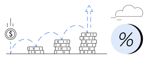 Obraz premium Coin bouncing on stacked coins with arrows indicating growth, rising percentages, and a cloud. Ideal for finance, investment strategies, economic growth, profitability analysis, savings plans