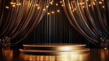 116.Luxurious golden podium with a glossy finish, standing in front of draped, deep-toned curtains accented with sparkling lights, creating a grand setting for prestigious events and award ceremonies.