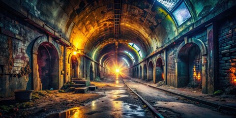 Fototapeta premium Abandoned building's dark abyss; urban exploration reveals hidden light.