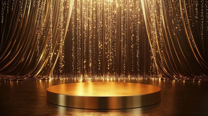 116.Luxurious golden podium with a glossy finish, standing in front of draped, deep-toned curtains accented with sparkling lights, creating a grand setting for prestigious events and award ceremonies.