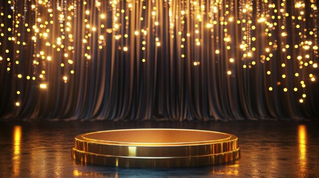 116.Luxurious golden podium with a glossy finish, standing in front of draped, deep-toned curtains accented with sparkling lights, creating a grand setting for prestigious events and award ceremonies.