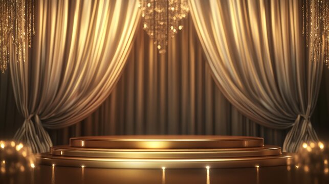 116.Luxurious golden podium with a glossy finish, standing in front of draped, deep-toned curtains accented with sparkling lights, creating a grand setting for prestigious events and award ceremonies.