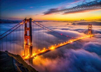 Obraz premium San Francisco's Golden Gate Bridge cloaked in twilight fog, a breathtaking aerial view.