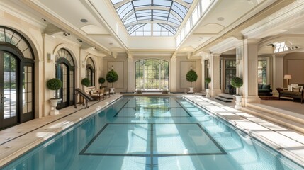 Obraz premium Chic indoor swimming pool with a sophisticated design and ample sunlight from large skylights