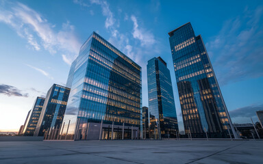 skyscrapers in the city. 3D render of a group of skyscrapers seen from below in a modern city.