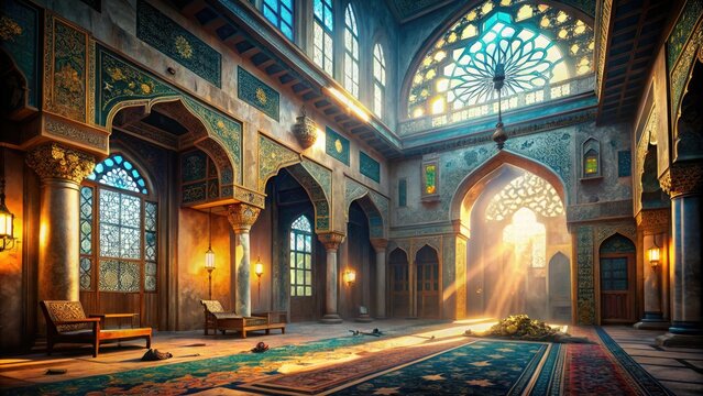 Abandoned urban building, bathed in ethereal light, a 3D dhikr scene evokes spiritual reflection.