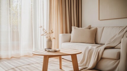72.Elegant Scandinavian-style living room with a white sofa, a minimalist wooden coffee table, and soft beige curtains, capturing a light and tranquil ambiance with a refined, modern aesthetic.