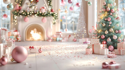 cozy living room scene with decorated Christmas tree, gifts, and festive decor. warm ambiance creates joyful holiday atmosphere