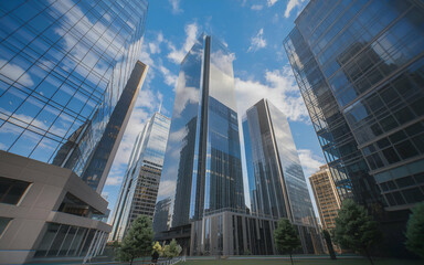 Obraz premium skyscrapers in the city. 3D render of a group of skyscrapers seen from below in a modern city.