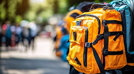 A disaster preparedness fair with volunteers educating the public about emergency kits and evacuation plans Stock Photo with side copy space