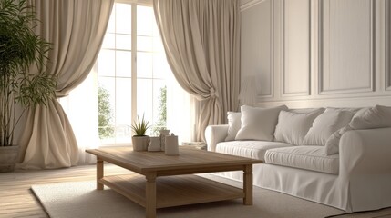 Fototapeta premium 69.Modern Scandinavian living room with a clean white sofa, natural wooden coffee table, and soft, airy curtains, all in a serene beige palette, giving the space an inviting, cozy feel with simple