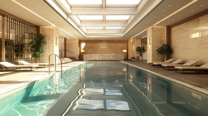 Chic indoor swimming pool with a sophisticated layout, featuring large skylights for plenty of natural light