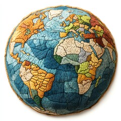 A colorful, textured representation of a globe, showcasing continents in various shades, emphasizing geography and global awareness.