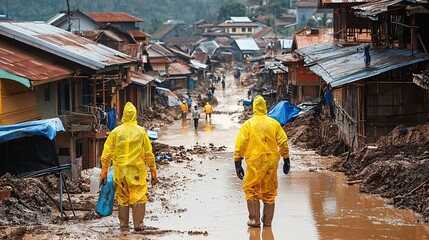 Volunteers with protective gear clearing landslides and mud from blocked roads Stock Photo with side copy space