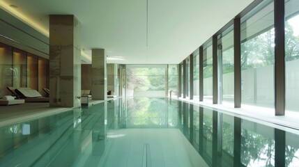 Chic indoor swimming pool with clean, geometric lines and natural light from tall glass walls