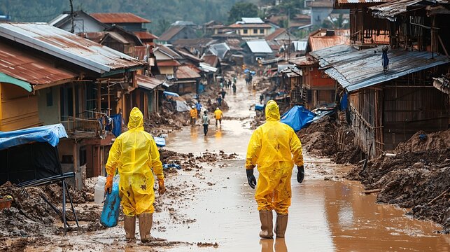 Volunteers with protective gear clearing landslides and mud from blocked roads Stock Photo with side copy space