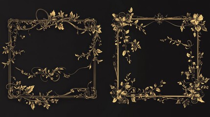 Obraz premium 32.Elegant vector illustration set featuring intricate gold vine frames and borders, with botanical details and delicate hanging vines, creating a luxurious and natural aesthetic perfect for