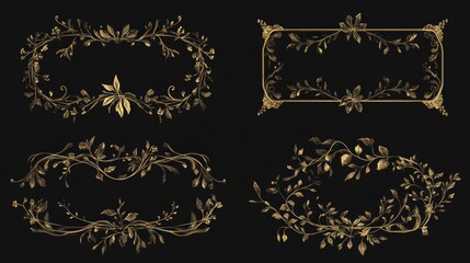 32.Elegant vector illustration set featuring intricate gold vine frames and borders, with botanical details and delicate hanging vines, creating a luxurious and natural aesthetic perfect for