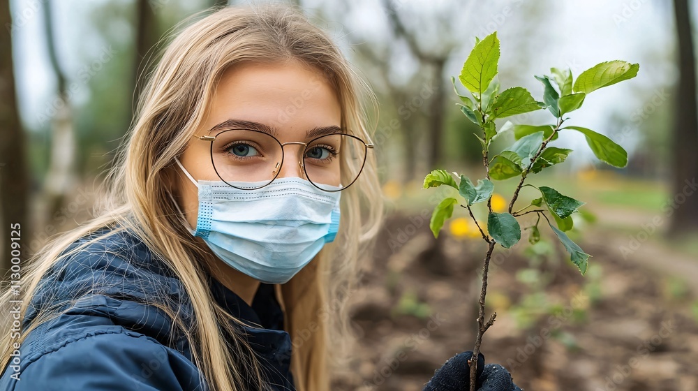 Poster A recovery project where volunteers work together to plant trees and rebuild a devastated landscape Stock Photo with side copy space