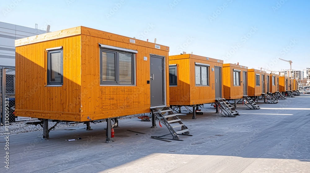 Poster A collaborative effort between volunteers and local authorities to construct temporary housing units Stock Photo with side copy space