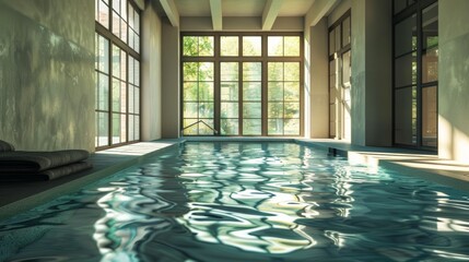 Obraz premium Chic indoor swimming pool with clean lines and sunlight streaming in through large windows