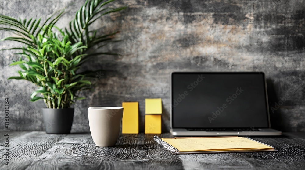Poster An organized workspace with goal-setting tools including a planner and sticky notes Stock Photo with side copy space