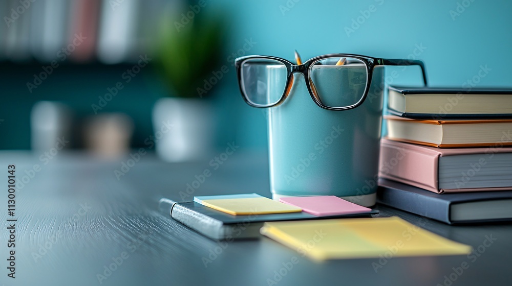 Poster An organized workspace with goal-setting tools including a planner and sticky notes Stock Photo with side copy space