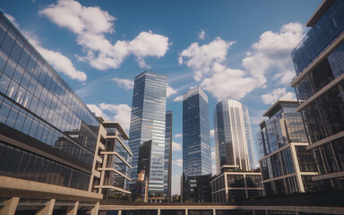 Fototapeta premium skyscrapers in the city. 3D render of a group of skyscrapers seen from below in a modern city.