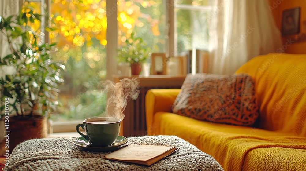 Poster a cozy corner with books and a steaming cup of coffee as a backdrop for setting goals stock photo wi